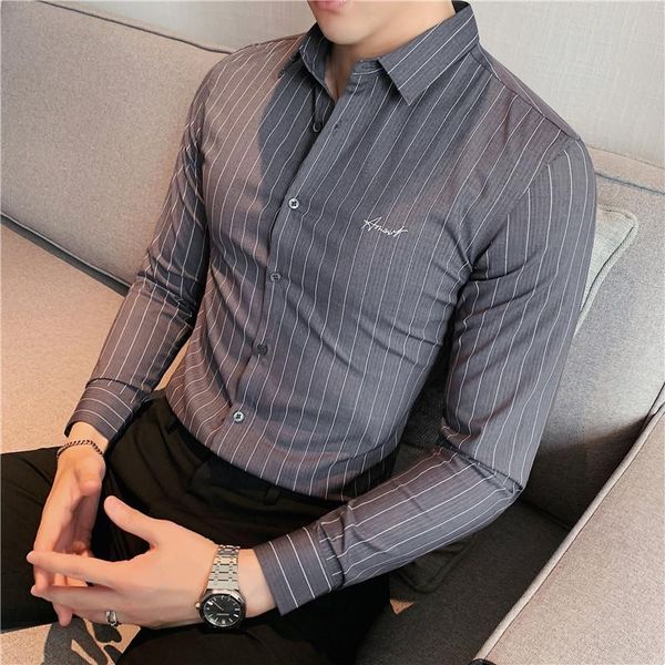 

men's casual shirts british style autumn winter letter embroidery long sleeve striped for men simple slim fit office chemise homme, White;black