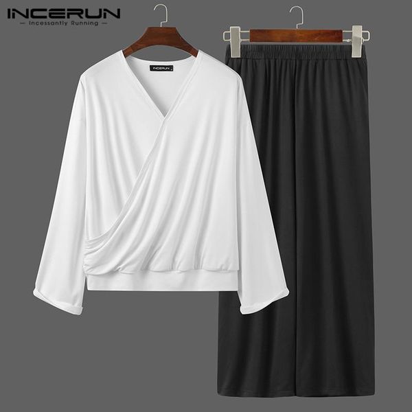 

incerun men sets solid color v neck long sleeve t shirt loose elastic waist pants streetwear fashion casual mens suits 2 pieces, Gray
