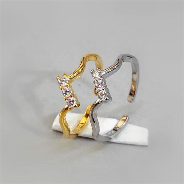 

wedding rings korean style golden color geometric wave open cubic stones tibetan women girl engagement bride, Slivery;golden
