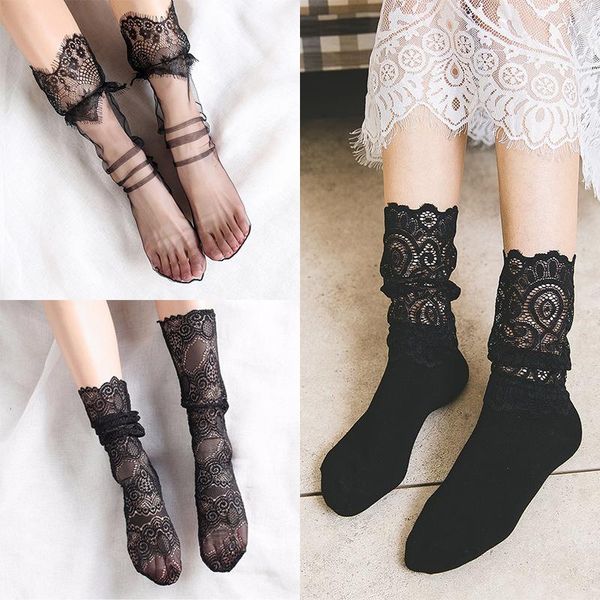 

sale retro lace floral mesh women girl socks elastic summer fashion lady transparent short socks, Black;white