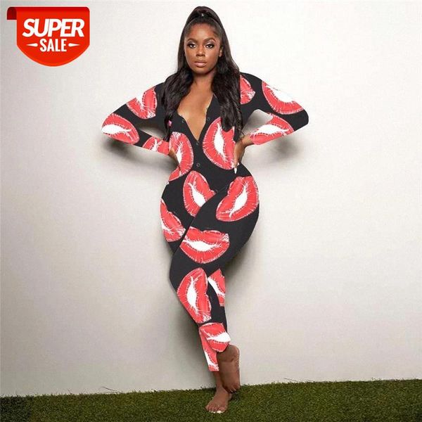 

HIRIGIN New Sexy Women Deep V-neck Bodycon Sleepwear Jumpsuit Shorts Romper Leotard Long Sleeve Lips Print Buttons Up Pajamas #fa0G, White