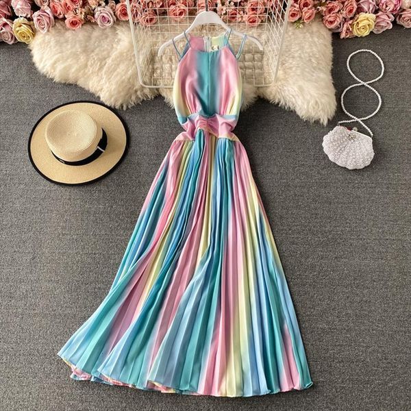 

summer sleeveless gradient rainbow color women dress halter neck sling pleated design fashionable waist swing dresses, Black;gray