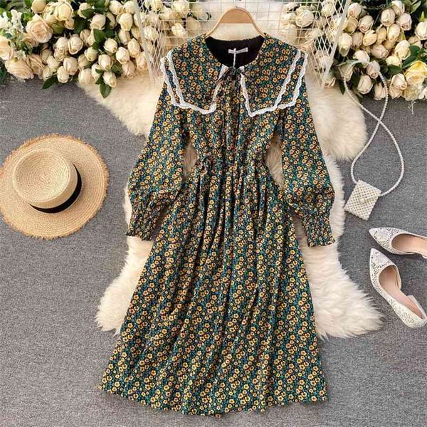 

women casual autumn winter floral dress korean vintage lace splicing turn-down collar long sleeve french sweet elegant 210603, Black;gray