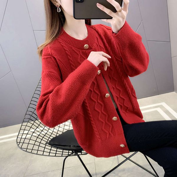 

red sweater coat women's 2021 spring new lazy hemp knitted cardigan, White;black