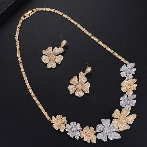 

earrings & necklace wedding jewelry set flower shape stud full micro cubic zirconia sets for women, Silver