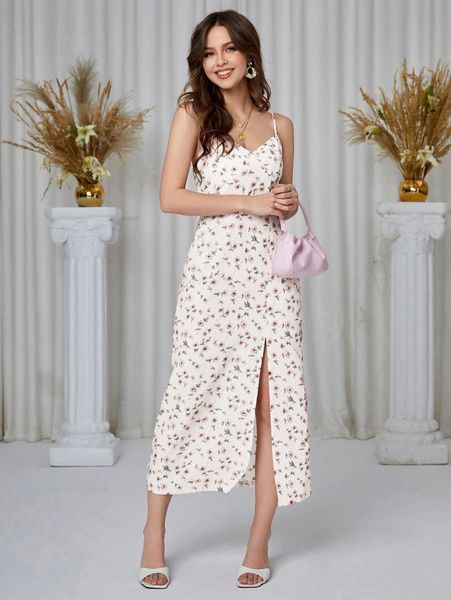 

allover floral print split thigh slip dress v3nd#, Black;gray