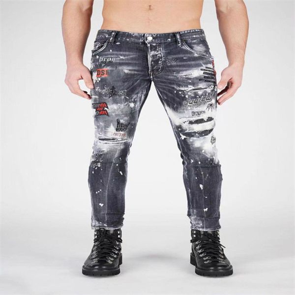 

Patch Detail Biker Fit Jeans Men Slim Motorcycle For Mens Vintage Distrsed Denim Jean @G1, Blue