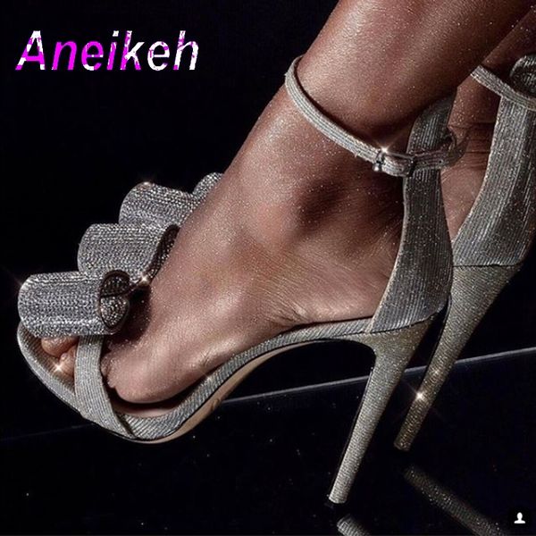 

aneikeh summer rhinestone sandals silvery butterfly-knot women fashion high heels ankle buckles ladies sandals party shoes 210306, Black