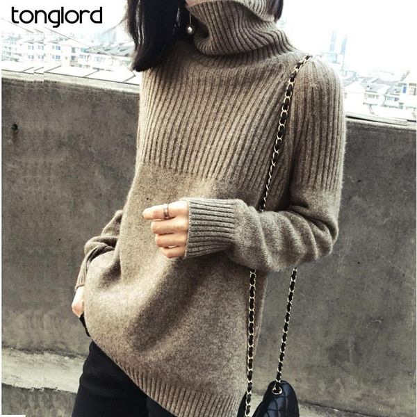 

women's sweaters tonglord 2021 loose lazy wool knitted shirts turtleneck large size pure color thicken base streetwear, White;black
