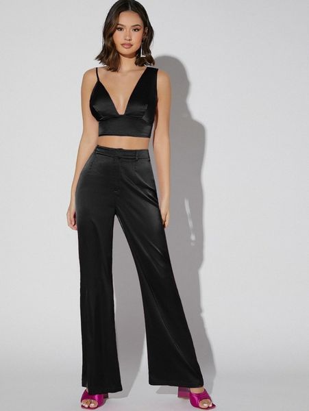 

asymmetrical strap crop & flare leg pants u6u8#, White