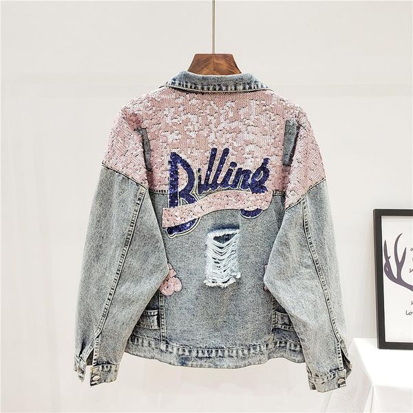 

women's jackets womens denim jacket 2021 autumn winter fashion sequins pink shiny loose coat long sleeve outerwear female clothes top, Black;brown