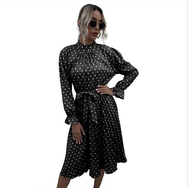 

casual dresses women's polka dot dress printed high waist spring autumn woman lotus leaf long sleeve a-line pleated plus size, Black;gray