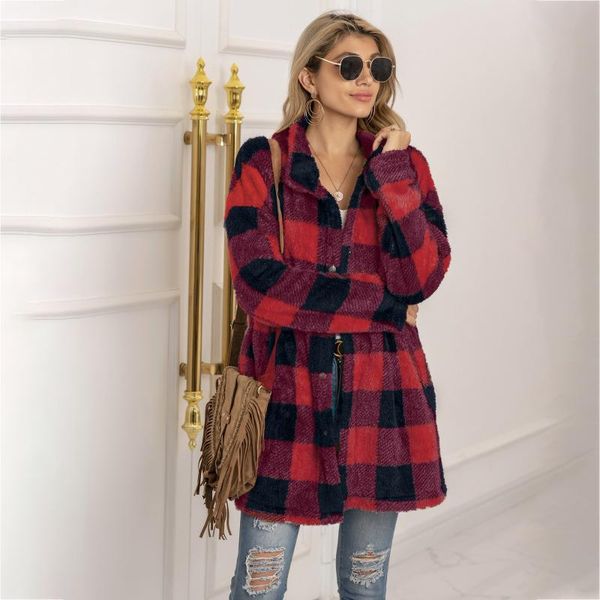 

women's jackets pockets plaid woolen coat winter clothing vintage button down bohemian jacket women oversized outerwear plush coats, Black;brown