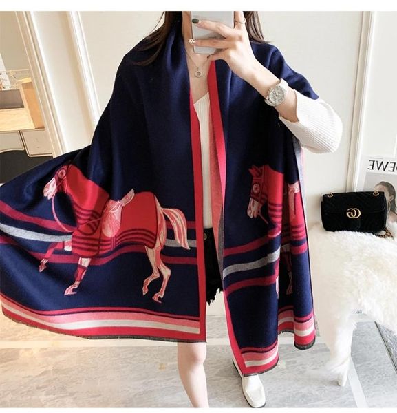 

luxury winter 2020 new carriage scarf warm shawl thicken tassels horse fashion cashmere poncho cape womens wraps, Blue;gray