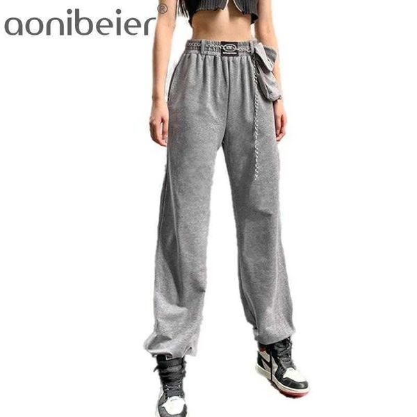 

grey casual trousers for women spring autumn fashion elastic high waist long pants metal chain sashes 210604, Black;white