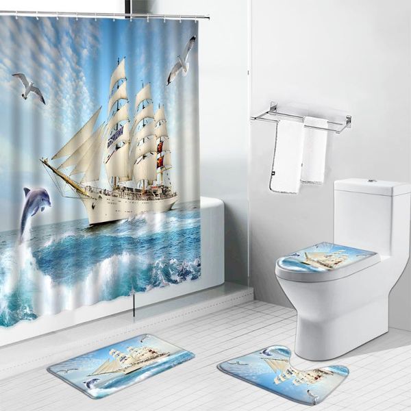 

shower curtains ocean scenery waterproof bath mats sailboat sea navigation bathroom home decor set non-slip rugs toilet door mat