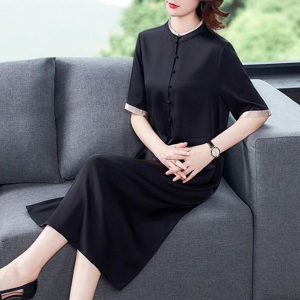 

casual dresses women elegant black mulberry silk vintage sundress 2021 summer loose 4xl plus size midi dress bodycon party vestidos, Black;gray