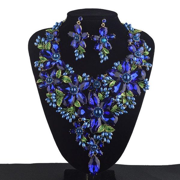 

earrings & necklace royal blue statement jewelry sets women rhinestone crystal big party set colorful bridal wedding, Silver