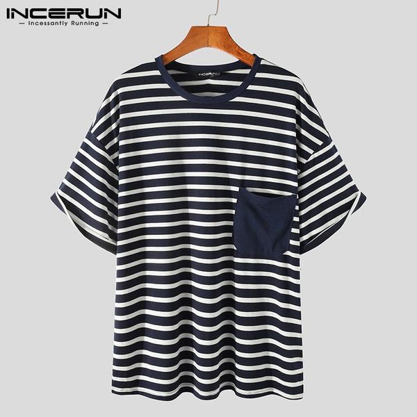 

new incerun men casual t shirt striped patchwork 2021 o neck short sleeve summer basic tee loose streetwear camisetas s-5xl 5hqv, White