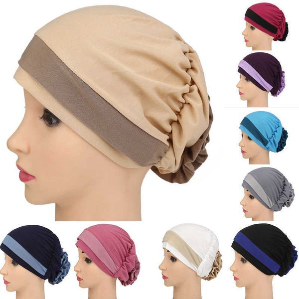 

women's shower cap new two-color european and american after wearing flower cloth headscarf hat muslim chemotherapy hat, Blue;gray