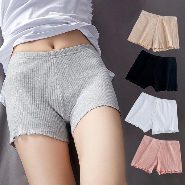 

women's panties ladies women summer safety pants thread ribbed striped seamless stretchy underpants solid color ruffled agaric hem boxe, Black;pink