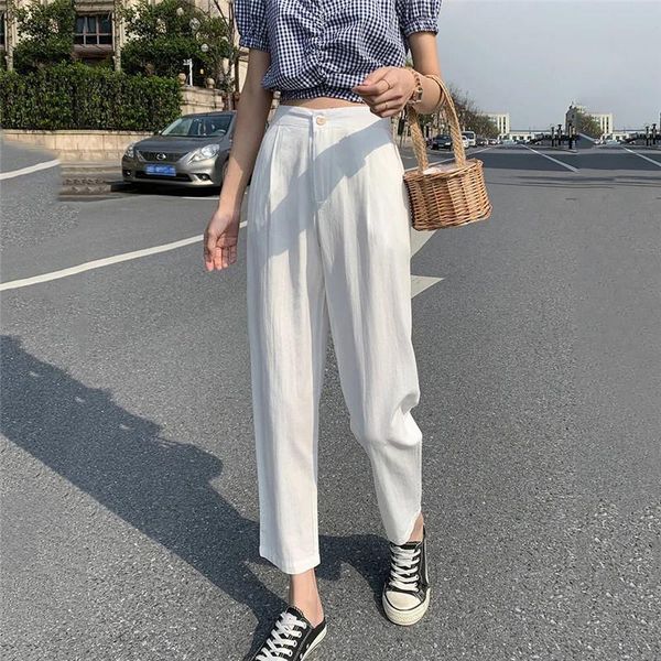 

women's pants & capris 2021 summer cotton and linen high waisted for women solid colour loose plus size casual female trousers, Black;white