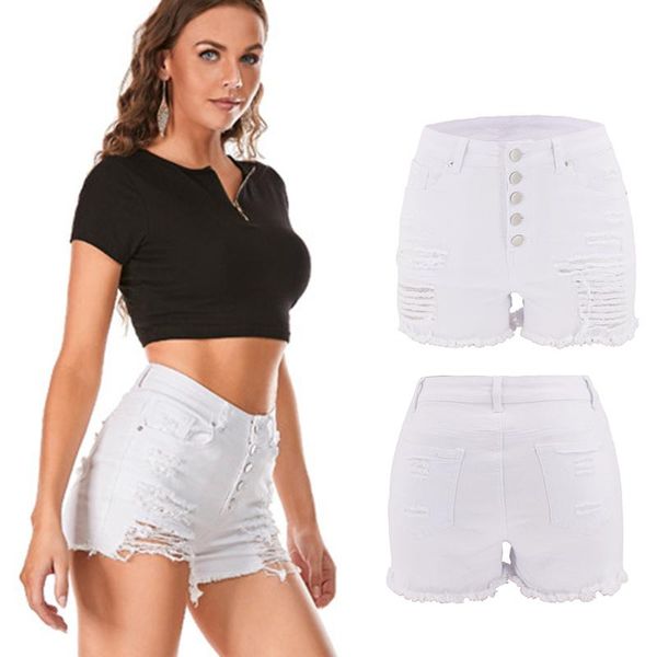 

elastic mid-waist ripped denim shorts 2021 leg mouth female short jeans buttons, Blue