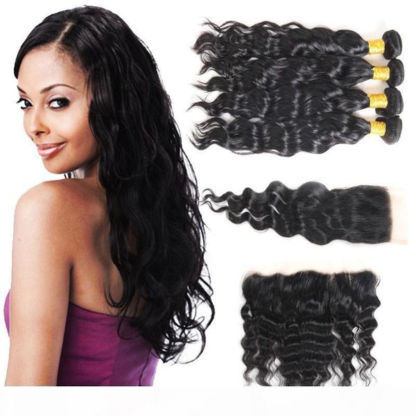 

8a brazilian water wave 4bundles frontal malaysian indian water wave bundles with closure brailian human hair peruvian human hair extensions, Black;brown