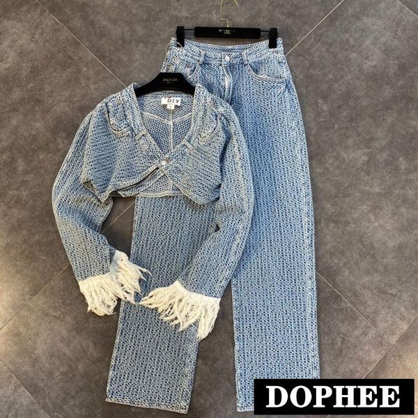 

women's two piece pants 2021 autumn v neck tassel long sleeve denim short jacket cropped high waist straight jeans set women clothing, White