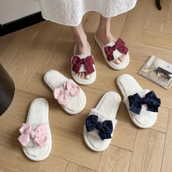 

slippers butterfly-knot fur shoes home women's lady flock luxury slides low plush massage girl designer flat with sweet basi, Black
