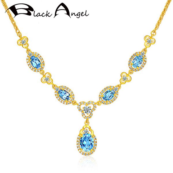 Anjo preto brilhante 18k ouro luxo azul topázio pedras preciosas gota de água rubi esmeralda pingente casamento colar para mulheres presente de jóias q0531