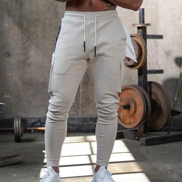 

men's pants jogging pocket design sweatpants cotton solid color fitness multi-pocket fashion training suit, Black