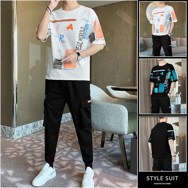 

men's tracksuits sports and leisure suit 2021 trend printed youth fashion hip hop half sleeve t-shirt two piece set, Gray