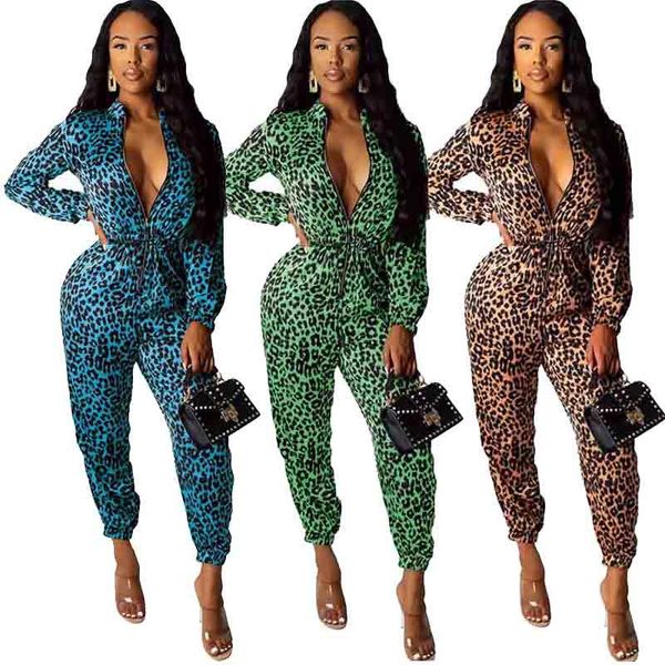 

women's jumpsuits & rompers fashion tunic zip-up long sleeve leopard womens jumpsuit autumn winter streetwear playsuit body feminino, Black;white