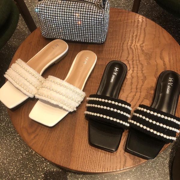 

slippers women summer slides string bead flat shoes female fashion low pantofle luxury 2021 rome hoof heels rubber basic fabric, Black