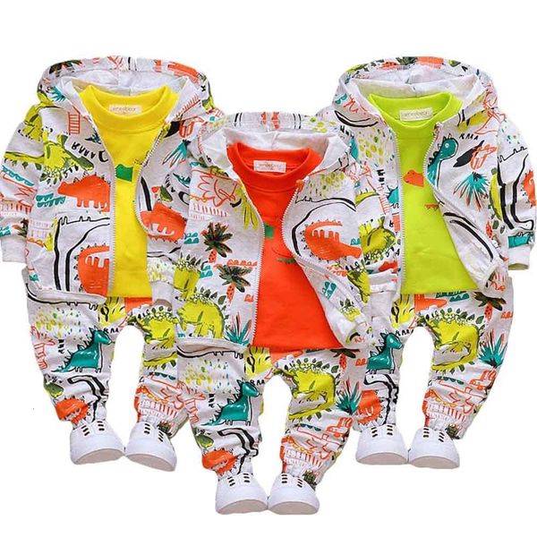 

2021 new boys clothing set hooded jacket baby pant three pieces suits children's dinosaur outfit 1-4y kids korean tracksuit, White
