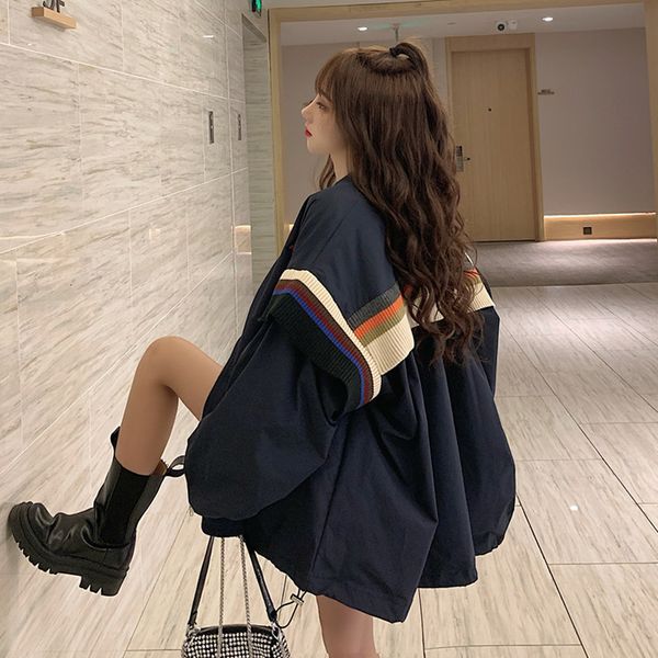 

2021 women patchwork striped coats spring autumn outerwear long harajuku trendy female x2lr, Black;brown
