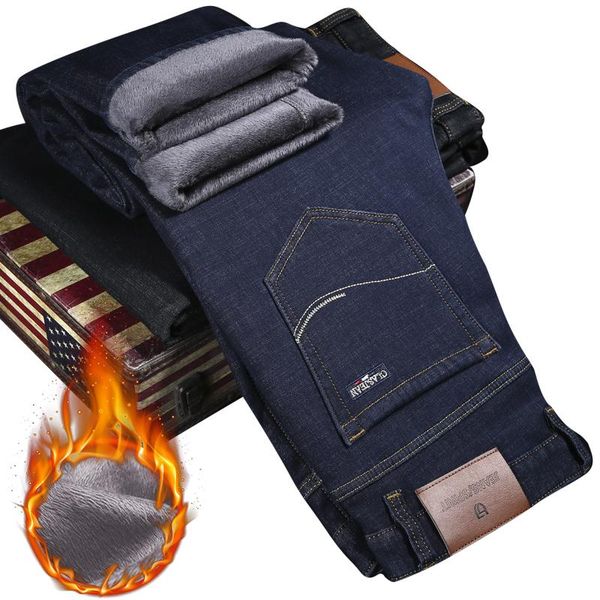 

men's jeans shan bao 2021 winter brand fleece thick warm fit straight classic business casual fashion high-waist denim, Blue