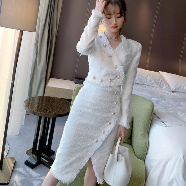 

high-quality tweed two-piece slim dress female autumn/winter 2021 new retro elegant white small fragrance suit