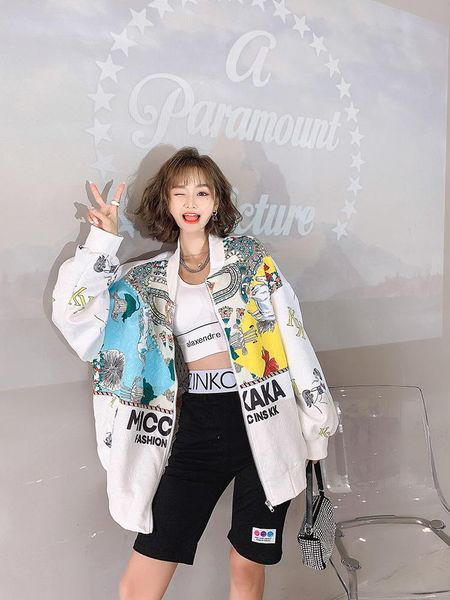 

women's jackets western style printed baseball uniform european station 2021 spring beaded loose large size jacket tide brand top, Black;brown