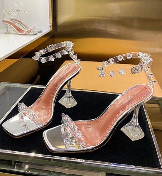 

sandals termainoov women transparent pvc square toe rivet open party shoes wedding high heels big size heeled sandalias, Black