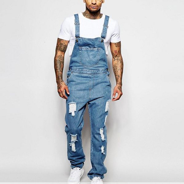 

new style gentlemen ripped jeans jumpsuits hi street concerned denim overalls for men slim fit jarretel, Blue