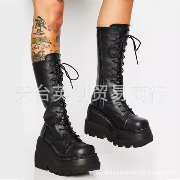 

boots women's 2021 winter thick bottom lace up chivalry, Black