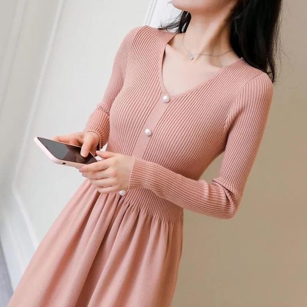 

casual dresses 2021 autumn and winter knitted dress women pullover v-neck korean slim knee long bottom long-sleeve wool, Black;gray