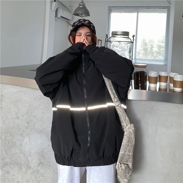 

2021 new autumn loose harajuku style thin coat jacket reflective strip personality long-sleeved sweatshirt trendy women's n543, Black