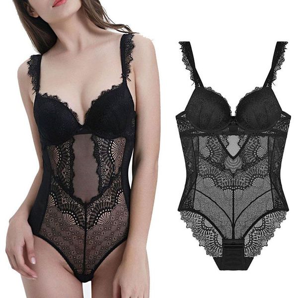 

women's shapers women snap crotch lingerie lace bodysuit deep v 1-piece xin-, Black;white