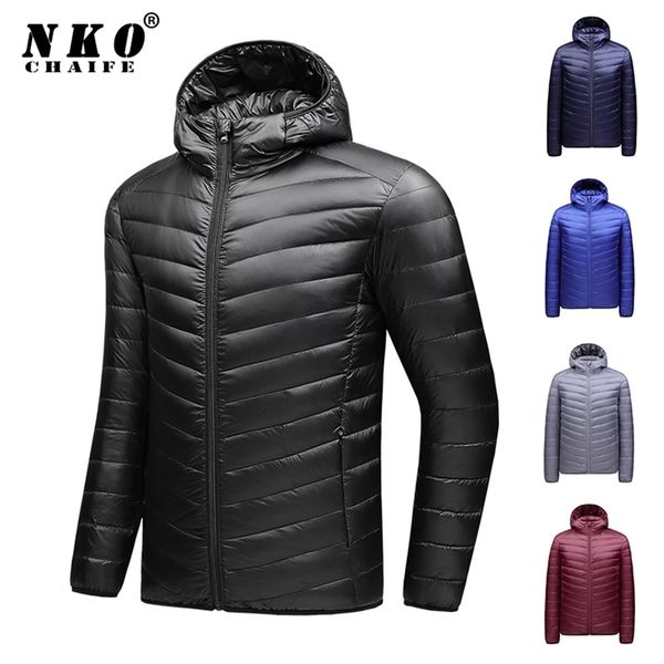 

men's light packable hooded down jacket men autumn winter fashion slim jacket coat windproof casual brand down jackets 211023, Black