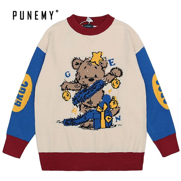 

2021 sweater men funny teddy bear pattern hip hop streetwear harajuku o-neck spandex autumn new pullover oversize male sweaters ooal, White;black