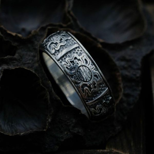 

cluster rings rotatable tibetan silver for men 925 sterling wide mythical animals kylin s925 buddhism, Golden;silver