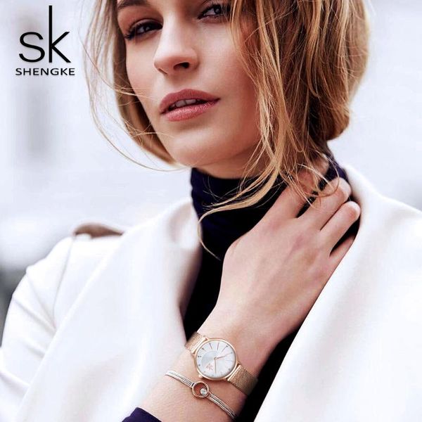 

wristwatches shengke fashion brand elegant women dresses causal wrist watch mesh belt bayan kol saati 2021 quartz clock ladies wristwatch, Slivery;brown